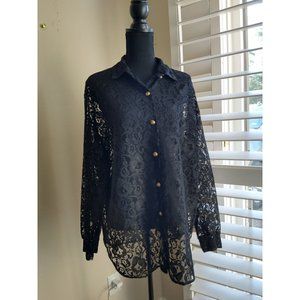 Vintage Fritz & Lloyd Black Long Sleeve Button Up Sheer Top Size 14